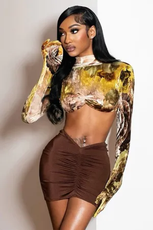 Gloved Long Sleeve Top And Ruched Mini Skirt